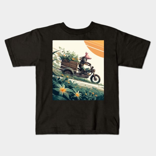 Pig on botanical cargo bike Kids T-Shirt by TomFrontierArt